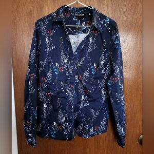 New York & Company | Women's M | Navy Blue Floral Birds Long Sleeve Button Up
